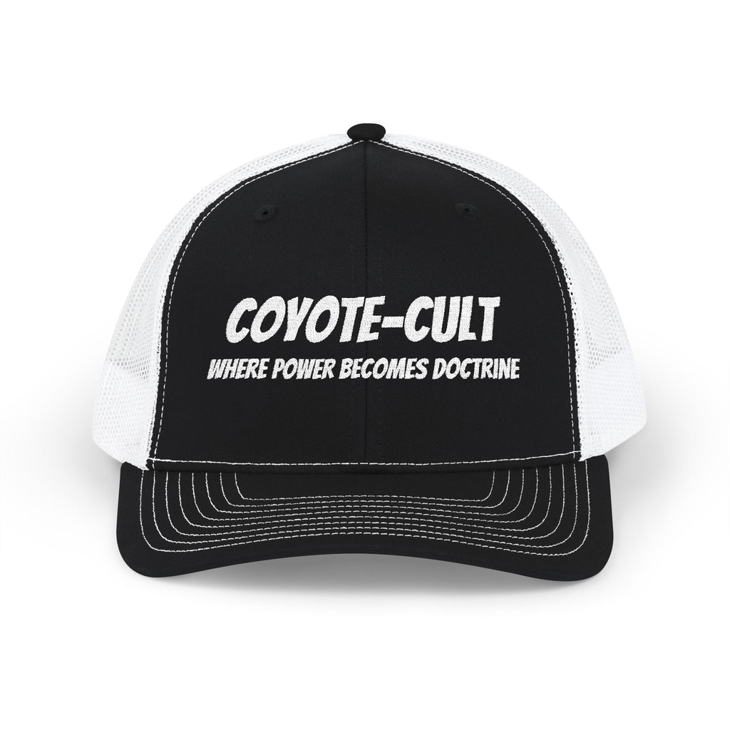 Coyote-Cult Embroidered Snapback Trucker Cap — "Where Power Becomes Doctrine"
