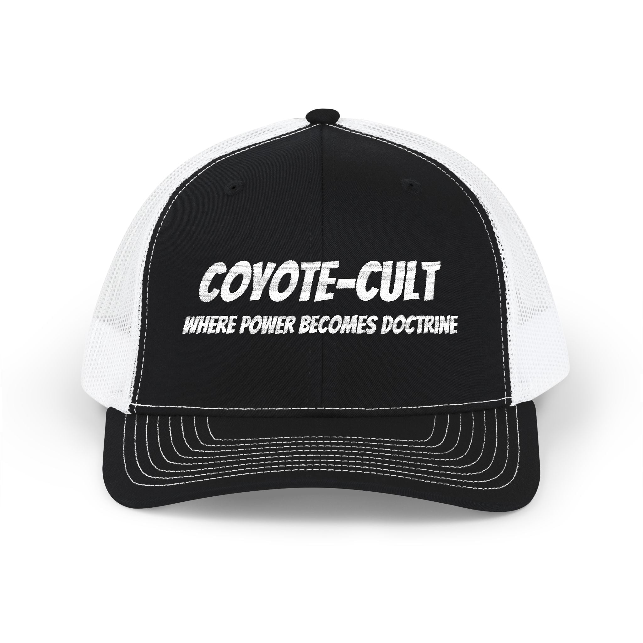 Coyote-Cult Embroidered Snapback Trucker Cap — "Where Power Becomes Doctrine"