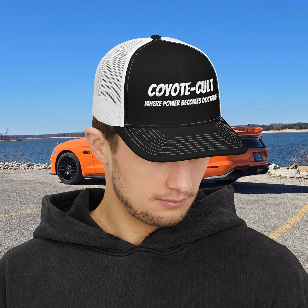 Coyote-Cult Embroidered Snapback Trucker Cap — "Where Power Becomes Doctrine"